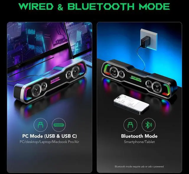 Alt view image 3 of 7 - Bluetooth Computer Speakers for Desktop, Dynamic Multi-Layer RGB Lighting Gaming PC Speaker with Deep Bass, USB C/USB Powered Sound-bar Desktop Monitor Laptop (BS-SP1)