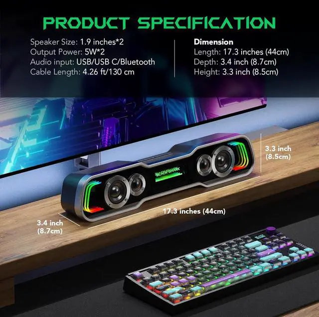 Alt view image 6 of 7 - Bluetooth Computer Speakers for Desktop, Dynamic Multi-Layer RGB Lighting Gaming PC Speaker with Deep Bass, USB C/USB Powered Sound-bar Desktop Monitor Laptop (BS-SP1)