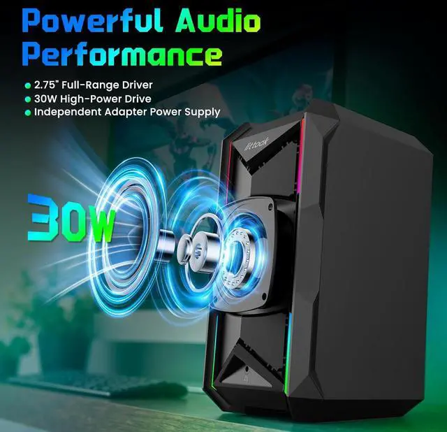 Alt view image 2 of 7 - Computer Speakers for Music and Gaming, DC Adapter Powered Desktop PC or Laptop, Bluetooth 5.3 Speaker, 10 RGB Modes, 3.5mm Aux in, Headphone Port, Type-c 30W, 3 EQ