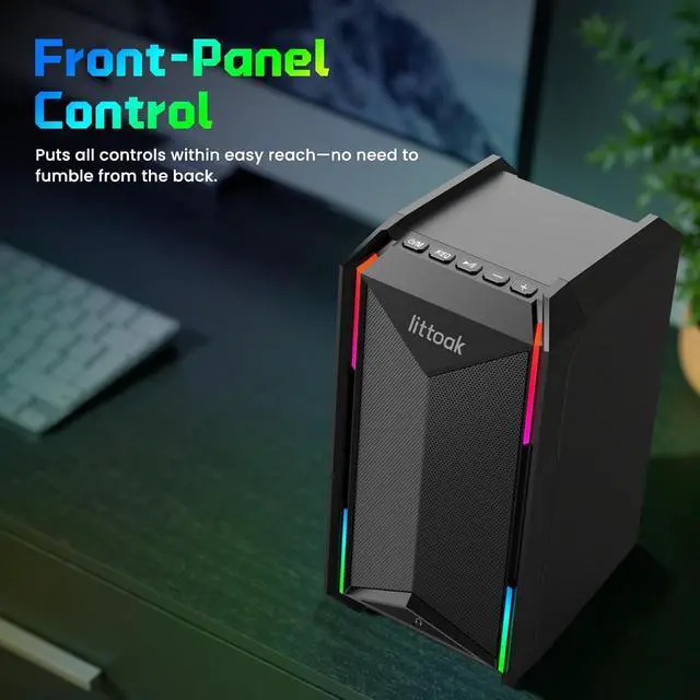 Alt view image 6 of 7 - Computer Speakers for Music and Gaming, DC Adapter Powered Desktop PC or Laptop, Bluetooth 5.3 Speaker, 10 RGB Modes, 3.5mm Aux in, Headphone Port, Type-c 30W, 3 EQ
