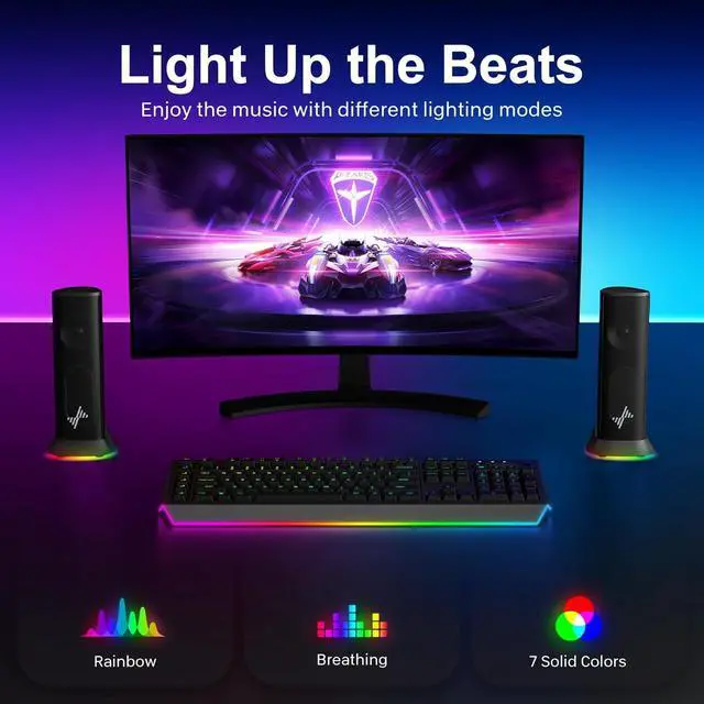 Alt view image 4 of 7 - Computer Speakers  Hi-Fi Stereo PC with 9 LED Lighting Modes, Enhanced Bass and Sound, USB/Type-C Powered 3.5mm Audio Wired Desktop for PC, Laptop, Monitor, MacBook