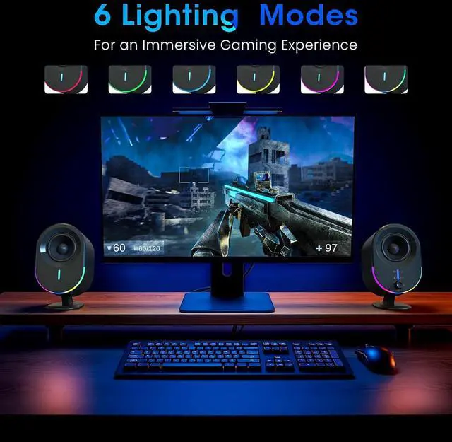 Alt view image 5 of 7 - Computer Speakers,  Bluetooth PC DC Powered Gaming Speaker with 3 EQ Modes, Stereo Speakers 6 RGB Aux in, Headphone, USB port for Laptop/Desktop/TV, 2*15W, 2.0 CH