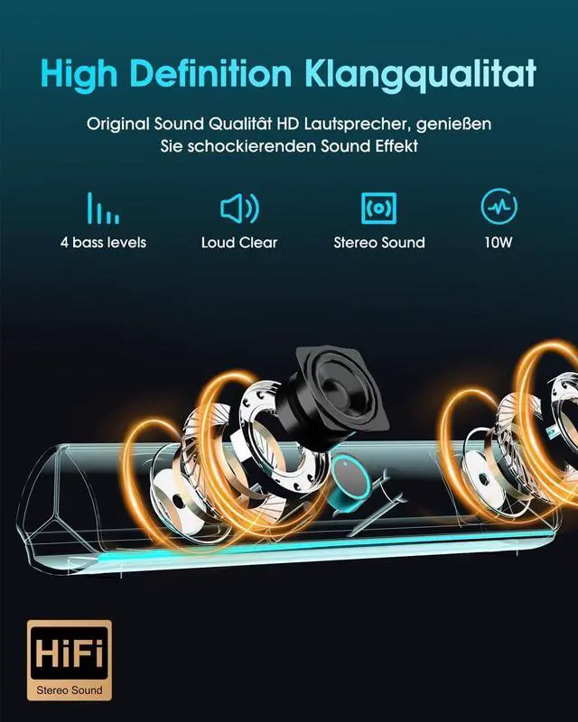 Alt view image 3 of 7 - Computer Speakers,[Upgraded] 2600mAh RGB PC Soundbar,Bass Boost,HiFi Stereo Bluetooth Speakers with Touch Buttons for Laptops,Phone,Great Gamers,Families,Professionals