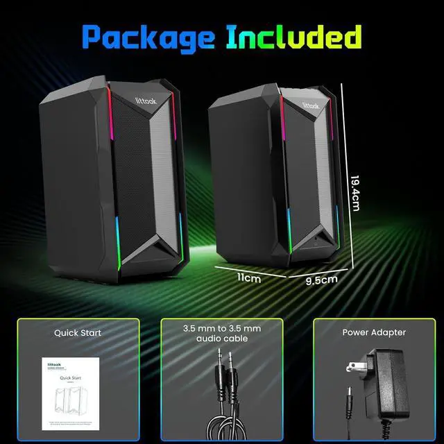 Alt view image 7 of 7 - Computer Speakers for Music and Gaming, DC Adapter Powered Desktop PC or Laptop, Bluetooth 5.3 Speaker, 10 RGB Modes, 3.5mm Aux in, Headphone Port, Type-c 30W, 3 EQ