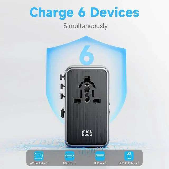 Alt view image 2 of 7 - Minthouz Universal Travel Adapter, International 100W Power Adapter GaN Fast Charger with 2 USB-C PD, 1 USB-C Cable &A Ports, All-in-One Portable AC Power Plug Adapter for USA EU UK AUS