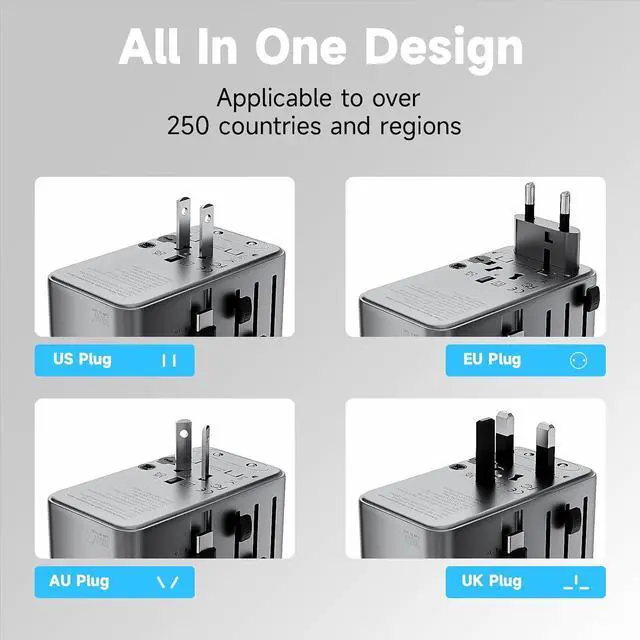 Alt view image 3 of 7 - Minthouz Universal Travel Adapter, International 100W Power Adapter GaN Fast Charger with 2 USB-C PD, 1 USB-C Cable &A Ports, All-in-One Portable AC Power Plug Adapter for USA EU UK AUS