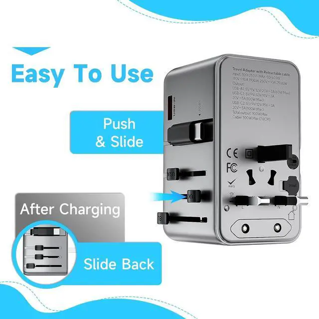 Alt view image 4 of 7 - Minthouz Universal Travel Adapter, International 100W Power Adapter GaN Fast Charger with 2 USB-C PD, 1 USB-C Cable &A Ports, All-in-One Portable AC Power Plug Adapter for USA EU UK AUS