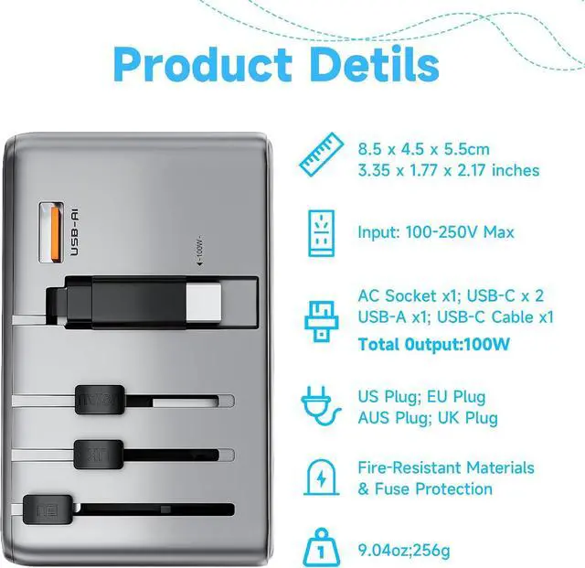Alt view image 5 of 7 - Minthouz Universal Travel Adapter, International 100W Power Adapter GaN Fast Charger with 2 USB-C PD, 1 USB-C Cable &A Ports, All-in-One Portable AC Power Plug Adapter for USA EU UK AUS