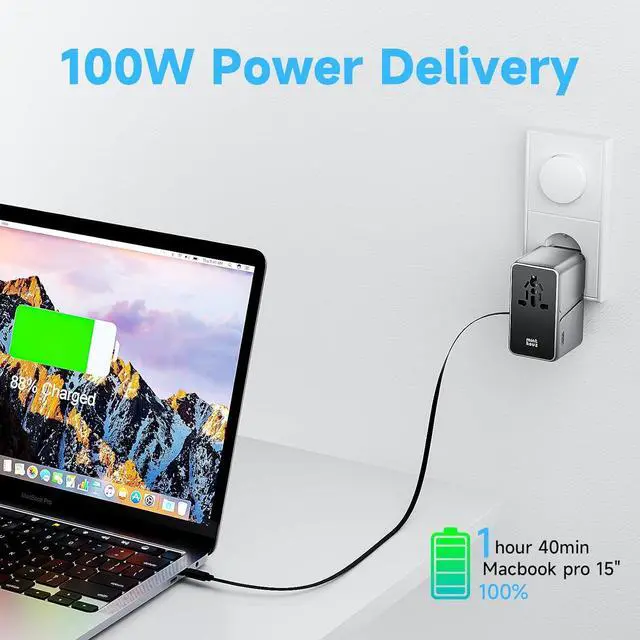 Alt view image 6 of 7 - Minthouz Universal Travel Adapter, International 100W Power Adapter GaN Fast Charger with 2 USB-C PD, 1 USB-C Cable &A Ports, All-in-One Portable AC Power Plug Adapter for USA EU UK AUS