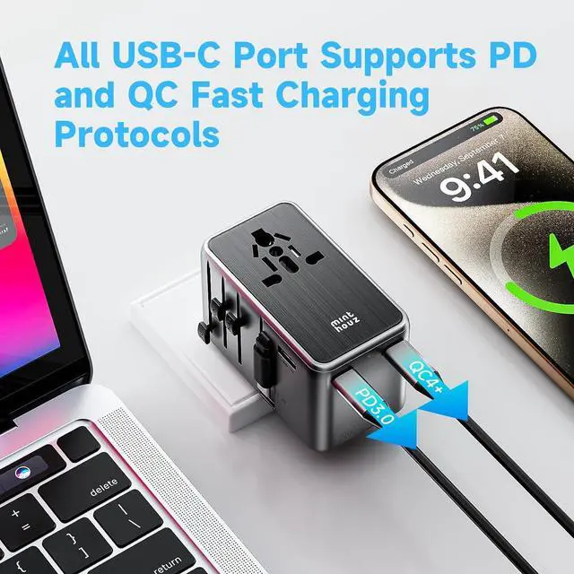 Alt view image 7 of 7 - Minthouz Universal Travel Adapter, International 100W Power Adapter GaN Fast Charger with 2 USB-C PD, 1 USB-C Cable &A Ports, All-in-One Portable AC Power Plug Adapter for USA EU UK AUS