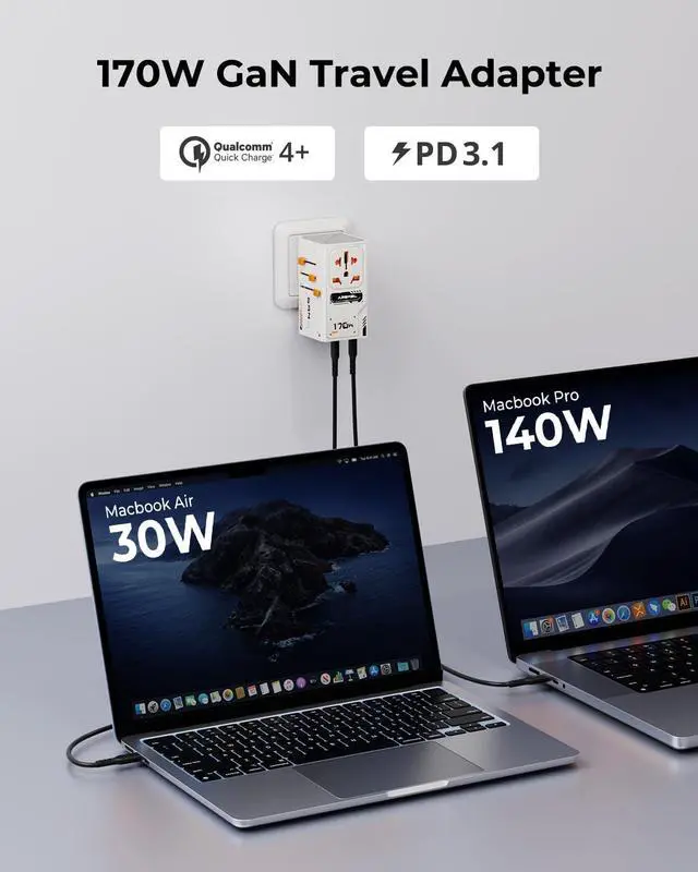 Alt view image 2 of 7 - 170W GaN Universal Travel Adapter, Worldwide All-in-One International Plug Power Adapter & Wall Charger with 3 USB-C 1 USB-A (5A/28V) for Europe, USA, Japan, and Australia (Type C/A/G/I)