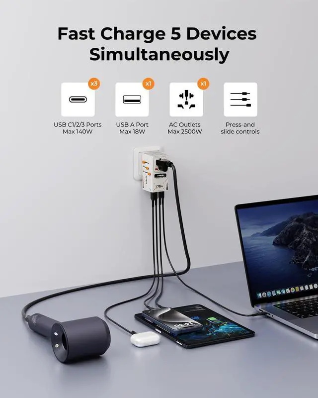 Alt view image 3 of 7 - 170W GaN Universal Travel Adapter, Worldwide All-in-One International Plug Power Adapter & Wall Charger with 3 USB-C 1 USB-A (5A/28V) for Europe, USA, Japan, and Australia (Type C/A/G/I)