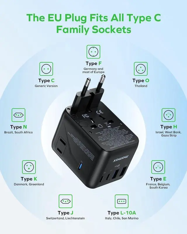 Alt view image 6 of 7 - Mini Universal Travel Adapter, GaN 70W International Power 2 AC, 3 USB-C PD Fast Charging & USB-A QC, Essentials for All European Plug Adapter UK AUS JP
