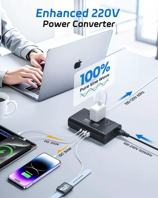 Alt view image 2 of 7 - 220V to 110V Converter - 800W Voltage US Europe for Hair Straightener, Curler, Phone, Power with 2 USB C & A Ports, European Travel Plug Adapter UK, US, AU, EU