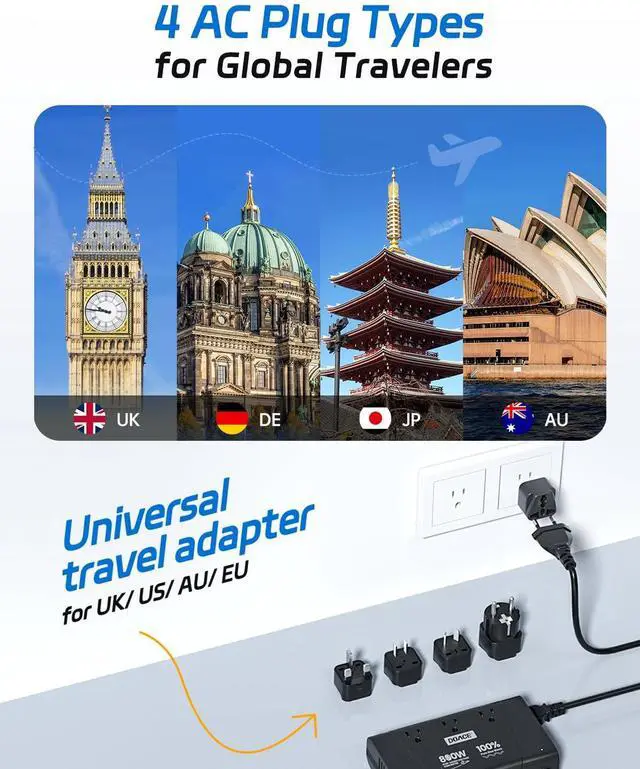 Alt view image 4 of 7 - 220V to 110V Converter - 800W Voltage US Europe for Hair Straightener, Curler, Phone, Power with 2 USB C & A Ports, European Travel Plug Adapter UK, US, AU, EU