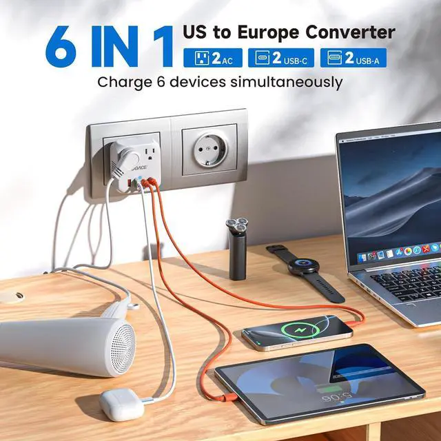 Alt view image 2 of 7 - Voltage Converter US to Europe, 2000W Power Converter European Travel Converter for Hair Dryer, 220V to 110V Converter, Power Converter Adapter Combo with 4 USB Ports, White