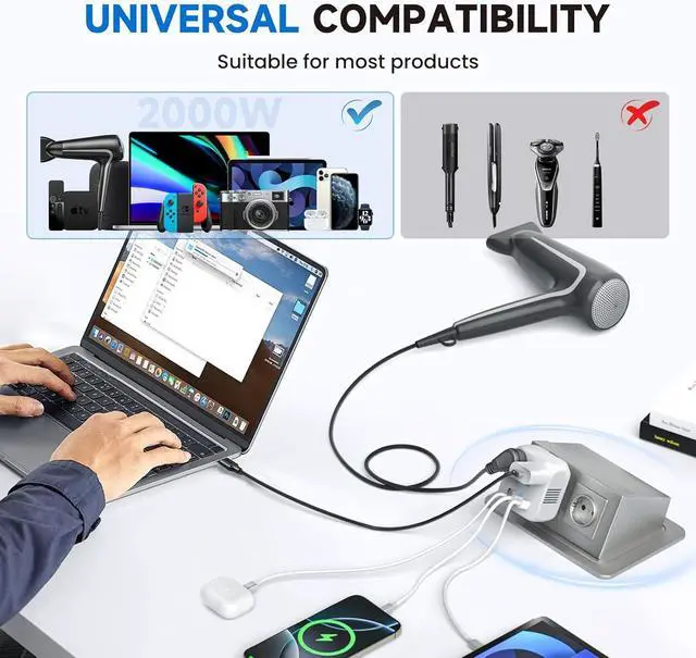 Alt view image 3 of 7 - Voltage Converter US to Europe, 2000W Power Converter European Travel Converter for Hair Dryer, 220V to 110V Converter, Power Converter Adapter Combo with 4 USB Ports, White