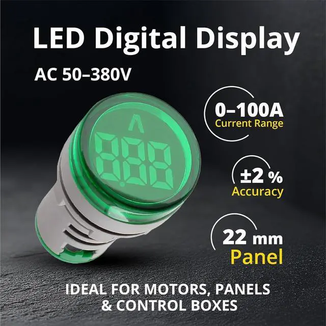 Alt view image 2 of 7 - Digital Led Display Indicator Ammeter, 0-100A Max AC380 Current Meter and 220V - Gauge Meter, Tester Amp Monitor - AD101-22AM Model, Circle Panel, Green (10 Pack)