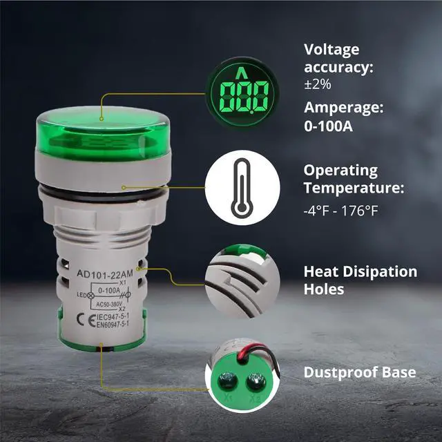 Alt view image 4 of 7 - Digital Led Display Indicator Ammeter, 0-100A Max AC380 Current Meter and 220V - Gauge Meter, Tester Amp Monitor - AD101-22AM Model, Circle Panel, Green (10 Pack)