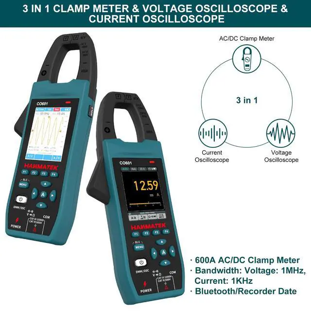 Alt view image 2 of 7 - 3-in-1 AC/DC Clamp Meter & Oscilloscope,5MS/s High Sampling Rate,1MHz Bandwidth,600A &1000V AC/DC Current & Voltage Detection,Resistance,Capacitance,Continuity Test,NCV,Data Logging-CO601