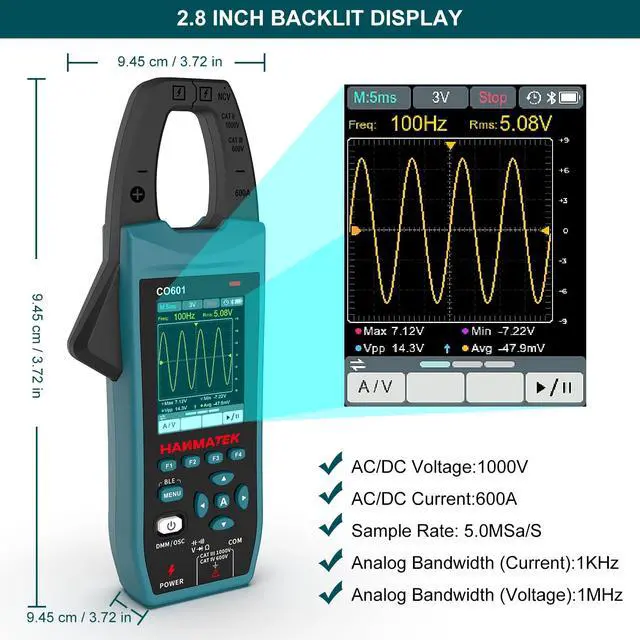 Alt view image 4 of 7 - 3-in-1 AC/DC Clamp Meter & Oscilloscope,5MS/s High Sampling Rate,1MHz Bandwidth,600A &1000V AC/DC Current & Voltage Detection,Resistance,Capacitance,Continuity Test,NCV,Data Logging-CO601