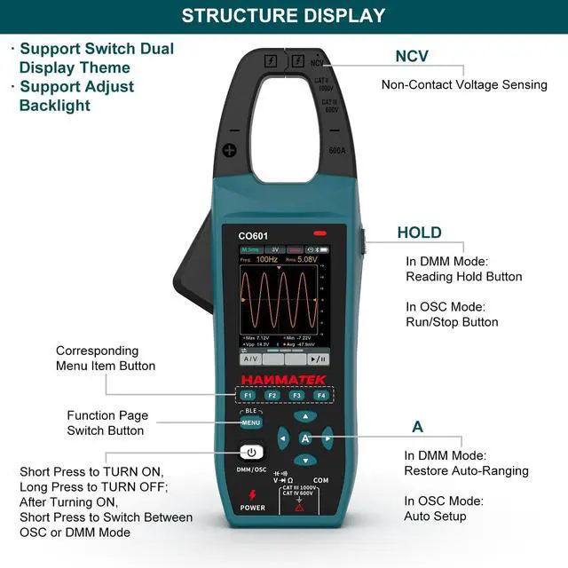 Alt view image 5 of 7 - 3-in-1 AC/DC Clamp Meter & Oscilloscope,5MS/s High Sampling Rate,1MHz Bandwidth,600A &1000V AC/DC Current & Voltage Detection,Resistance,Capacitance,Continuity Test,NCV,Data Logging-CO601