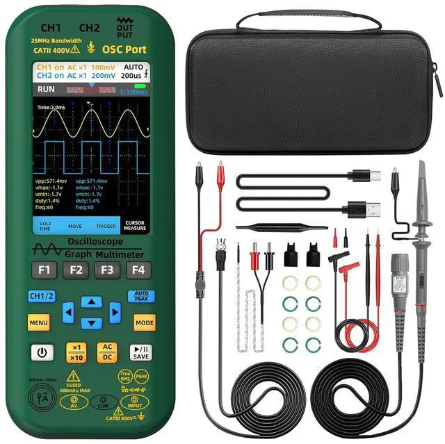 Main image of Dual Channel Oscilloscope Multimeter, 25MHz Bandwidth 3.98" Full-Viewing TFT LCD DDS Generator, Measure Flexible AC Current Clamp, Temperature Cap Diode Amp Ohm Voltage Tester with Carrying Case