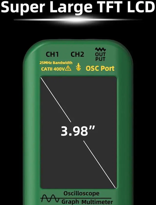 Alt view image 3 of 7 - Dual Channel Oscilloscope Multimeter, 25MHz Bandwidth 3.98" Full-Viewing TFT LCD DDS Generator, Measure Flexible AC Current Clamp, Temperature Cap Diode Amp Ohm Voltage Tester with Carrying Case