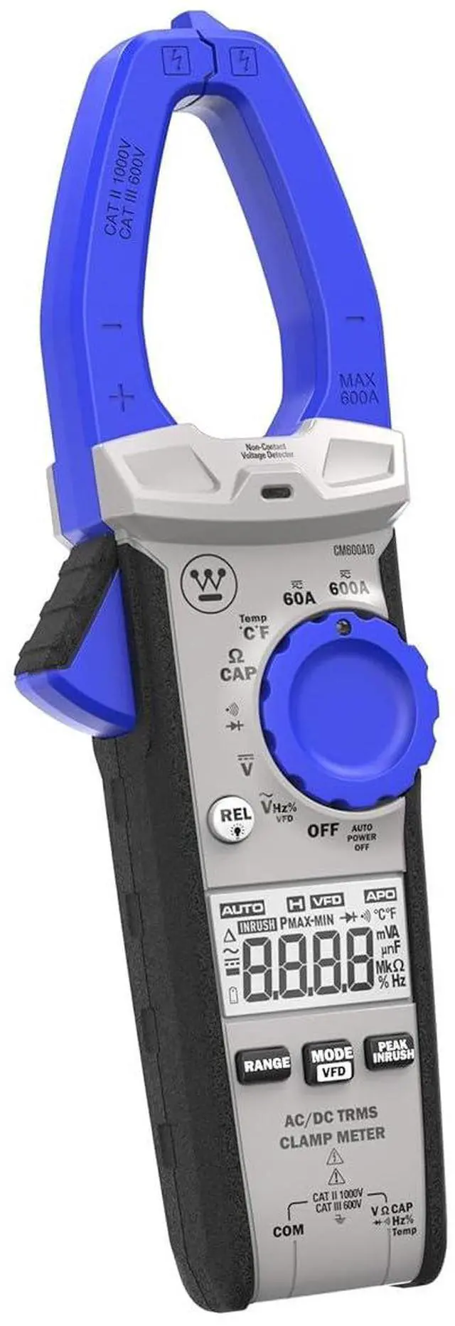 Main image of True RMS Digital Auto-Ranging 6000 Counts Clamp Meter, Current to 600 A, AC/DC Voltage to 1000 V, Resistance and Continuity, with Relative Mode and VFD, Incl. Case and 2 Year Warranty