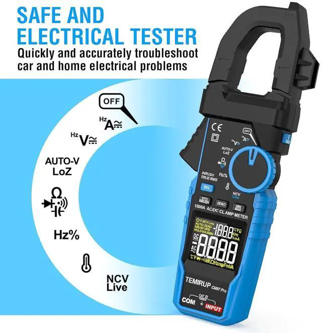 Alt view image 3 of 7 - Inrush Digital Clamp Meter Multimeter -  T-RMS 6000 Counts 1000A Amp Voltage Tester with VFD, LOZ, Measures NCV, AC/DC Voltage Current, Continuity Capacitance Frequency Resistance, Temperature