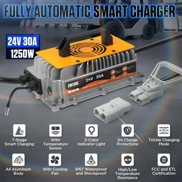 Alt view image 2 of 7 - Forklift Battery Charger 24V 30A Smart Trickle Charger, IP67 Waterproof, 24 Volt 30 AMP Fully Automatic, for Lead-Acid Batteries, for Pallet Jack/Floor Scrubber/Golf Cart