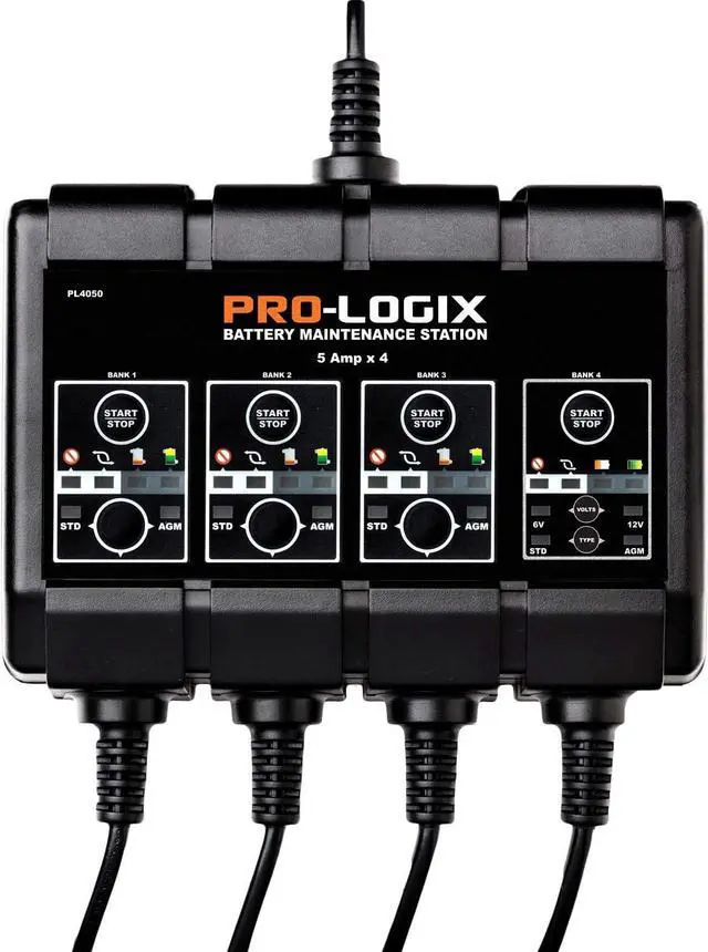 Clore Automotive PL4050, Pro-Logix 4-Bank, 20-Amp (5-Amp Per Bank) Fully-Automatic Smart Charger, 6V and 12V Battery Charger, Battery Maintainer, and Battery Desulfator with Temperature Compensation