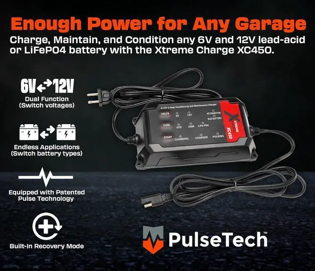 Alt view image 2 of 7 - XC450 Xtreme Charge 4 AMP Smart Battery Charger Maintainer, Trickle Charger | Test, Charge, Condition & Maintain All 6V/12V Batteries: Lead Acid, LiFeP04, Lithium, VRLA, AGM, Gel & Flooded