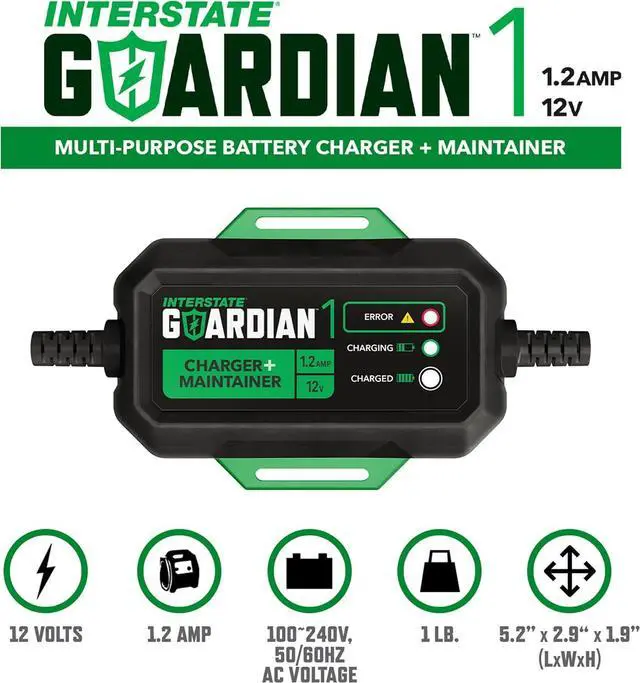 Alt view image 3 of 6 - 12V Battery Charger and Maintainer (12V, 1.2A) Portable, Automatic, Trickle Charging for Automotive, AGM, Flooded, Gel, Lead-Acid, Powersports (CHGIB12)