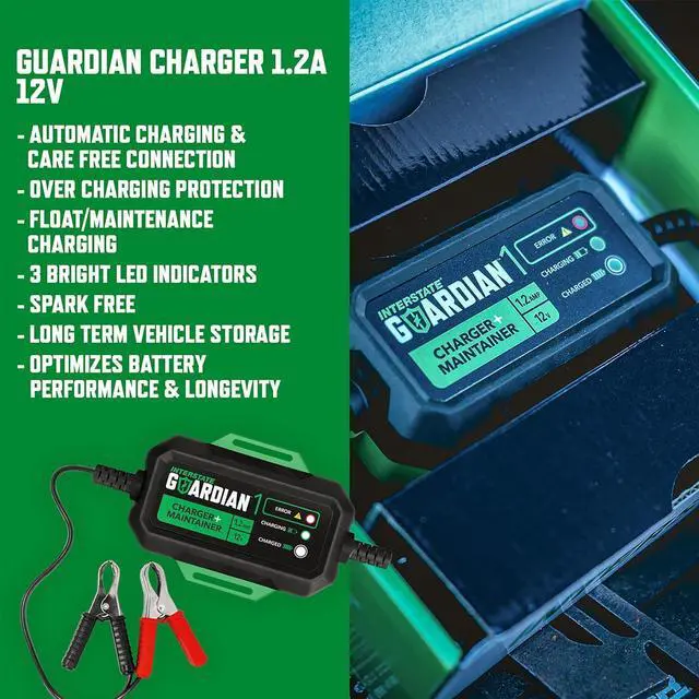 Alt view image 2 of 6 - 12V Battery Charger and Maintainer (12V, 1.2A) Portable, Automatic, Trickle Charging for Automotive, AGM, Flooded, Gel, Lead-Acid, Powersports (CHGIB12)