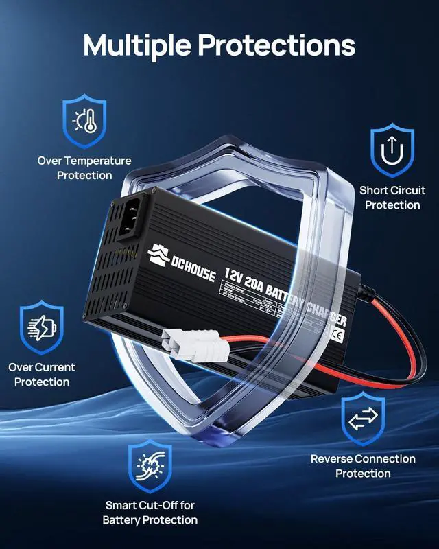 Alt view image 3 of 7 - 12V 20A Lithium Battery Charger, 14.6V LiFePO4 Charger with Battery Quick Connector & LED Indicator, Smart 300W Fast Charging for Boat, RV