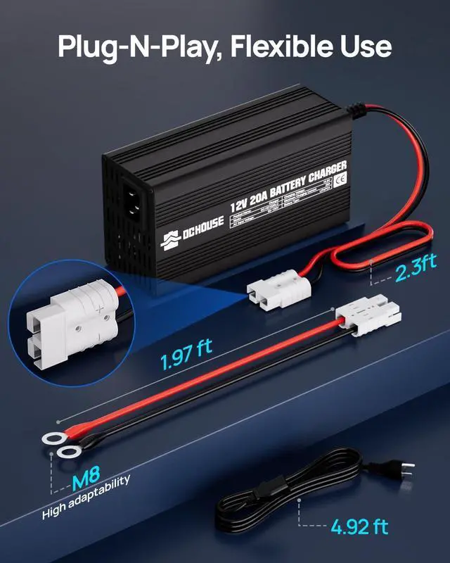 Alt view image 4 of 7 - 12V 20A Lithium Battery Charger, 14.6V LiFePO4 Charger with Battery Quick Connector & LED Indicator, Smart 300W Fast Charging for Boat, RV