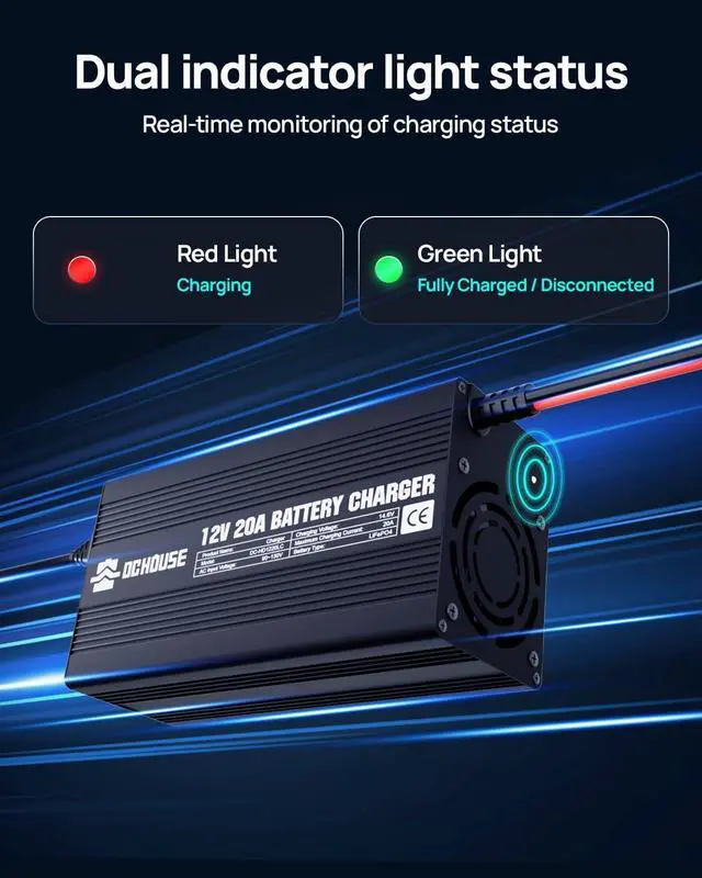 Alt view image 6 of 7 - 12V 20A Lithium Battery Charger, 14.6V LiFePO4 Charger with Battery Quick Connector & LED Indicator, Smart 300W Fast Charging for Boat, RV
