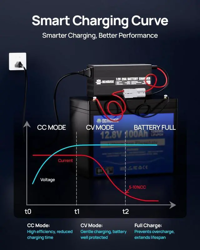 Alt view image 7 of 7 - 12V 20A Lithium Battery Charger, 14.6V LiFePO4 Charger with Battery Quick Connector & LED Indicator, Smart 300W Fast Charging for Boat, RV