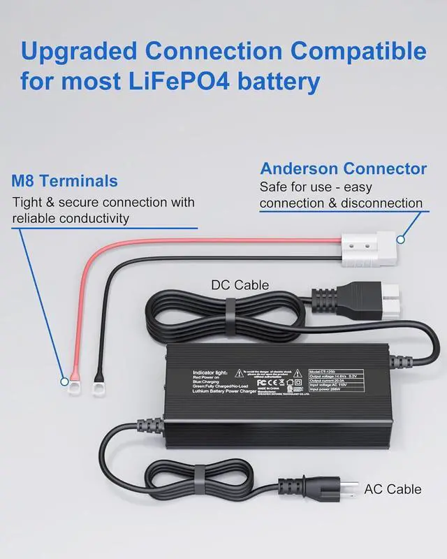 Alt view image 5 of 7 - 14.6V 20A LiFePO4 Battery Charger for 12V LiFePO4 Battery with Anderson Connector, 14.6V Lithium Battery Charger for Lithium LiFePO4 Deep Cycle Rechargeable Batteries of Automatic, Boat, RV