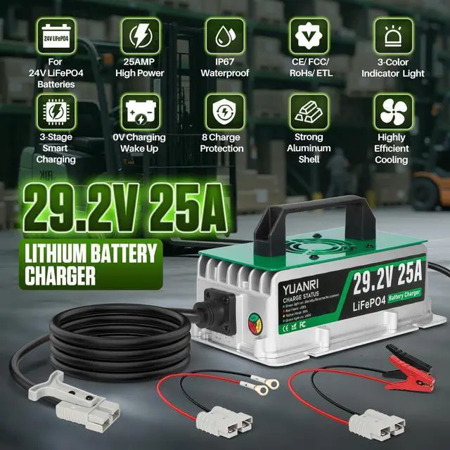 Alt view image 2 of 7 - 24V 25A LiFePO4 Battery Charger, IP67 Waterproof 29.2V Lithium Battery Charger, 0V Wake Up, 3-Color Indicator, Smart 25 AMP Lithium Charger for 25.6V LiFePO4 Batteries for Solar/RVs/Marine/Boat