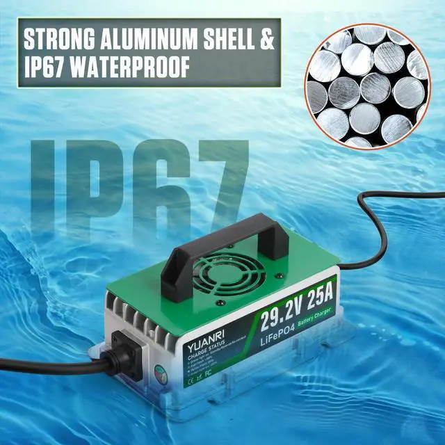 Alt view image 3 of 7 - 24V 25A LiFePO4 Battery Charger, IP67 Waterproof 29.2V Lithium Battery Charger, 0V Wake Up, 3-Color Indicator, Smart 25 AMP Lithium Charger for 25.6V LiFePO4 Batteries for Solar/RVs/Marine/Boat