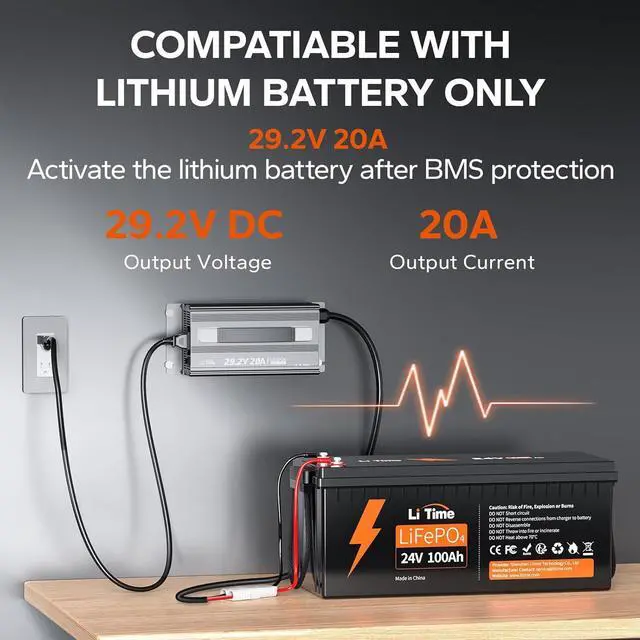 Alt view image 2 of 7 - 29.2V 20A LiFePO4 Battery Charger Designed for 24 Volt LiFePO4 Battery, 4 Built-in Safety Protections, Support 0V Charging Function to Reactivate or Repair Long-unused Battery