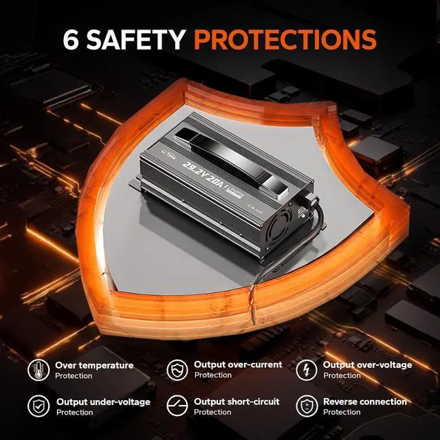 Alt view image 5 of 7 - 29.2V 20A LiFePO4 Battery Charger Designed for 24 Volt LiFePO4 Battery, 4 Built-in Safety Protections, Support 0V Charging Function to Reactivate or Repair Long-unused Battery