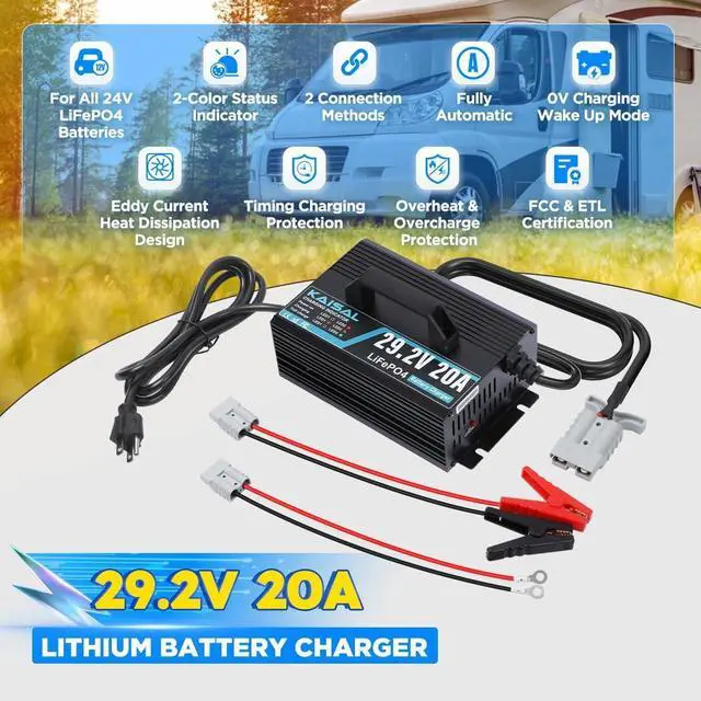Alt view image 2 of 7 - 24V 20A Lithium Battery Charger 29.2V LiFePO4 Battery Charger 24 Volt Lithium Charger 0V Wake Up LiFePO4 Charger with Indicators, 2 Connectors for 25.6V LiFePO4 Battery of RV, Boat,Truck,Marine, Solar