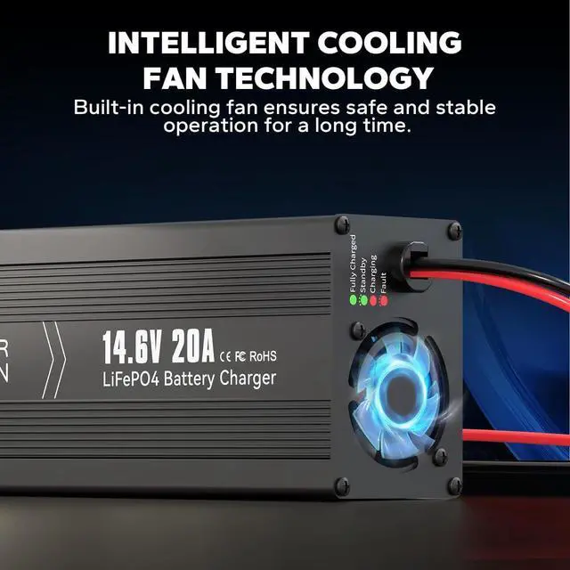 Alt view image 5 of 7 - 14.6V 20A LiFePO4 Battery Charger, 2-Stage Automatic Smart Battery Charger and Maintenance, LiFePO4 Lithium Batteries Charger, Suitable for 12V (12.8V) Lipo Lithium Iron Phosphate Battery