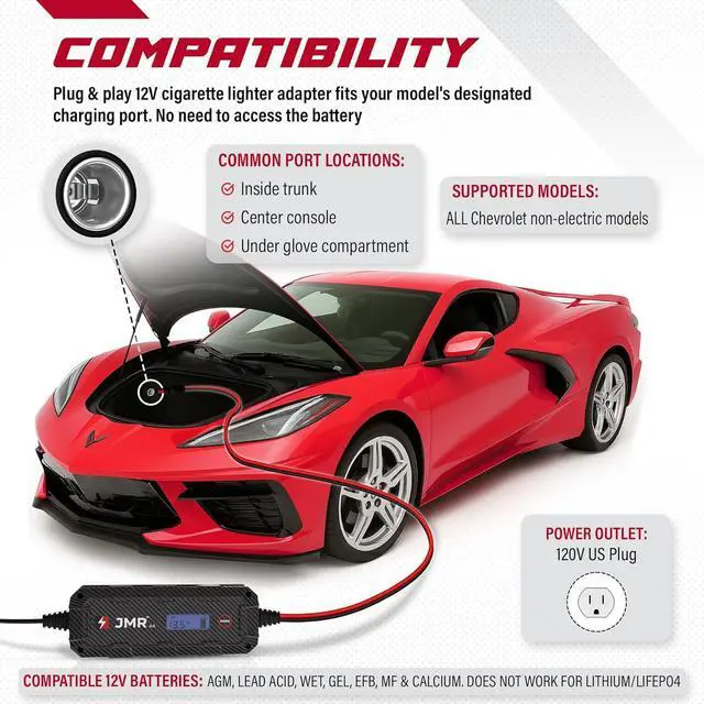 Alt view image 2 of 7 - JMR Battery Charger for Chevrolet Corvette Camaro Silverado Traverse Colorado Equinox Blazer Malibu Trax Spark All Models Trickle Charger Conditioner Maintainer (No Lithium Mode)