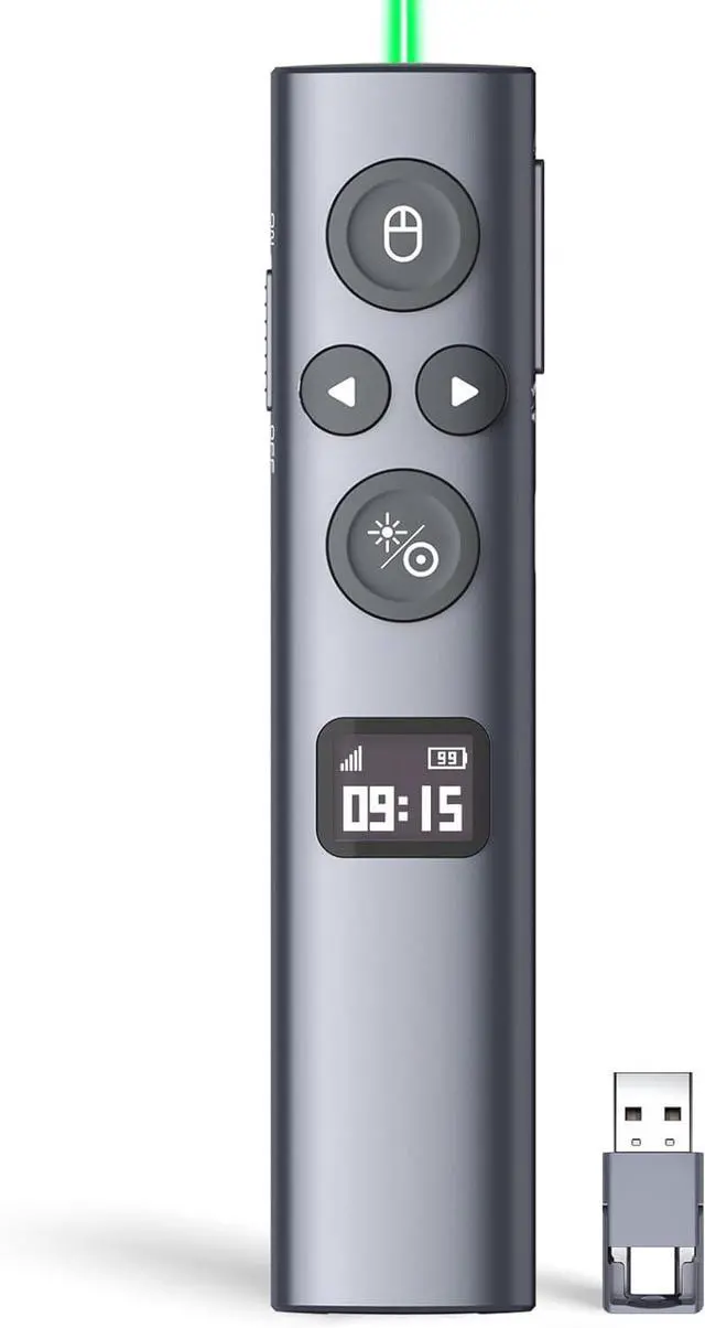 Main image of N95s BLE Presentation Clicker with Digital Pointer for PowerPoint Presentation on TV Screen and Projection Screen, Wireless Presenter Remote with Countdown Timer (Green Light-USB-AC)