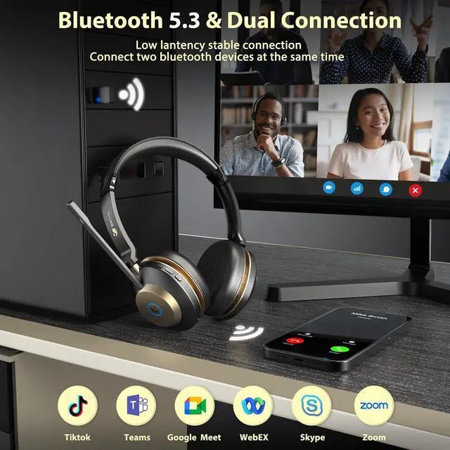 Alt view image 2 of 7 - Wireless Headset with Mic for Work, Bluetooth Headset V5.3, AI Noise Cancelling Mic & 2.4G USB Dongle, 50 Hrs Work Time Wireless Headphones with Mic Mute for Work from Home/Call Center/Teams