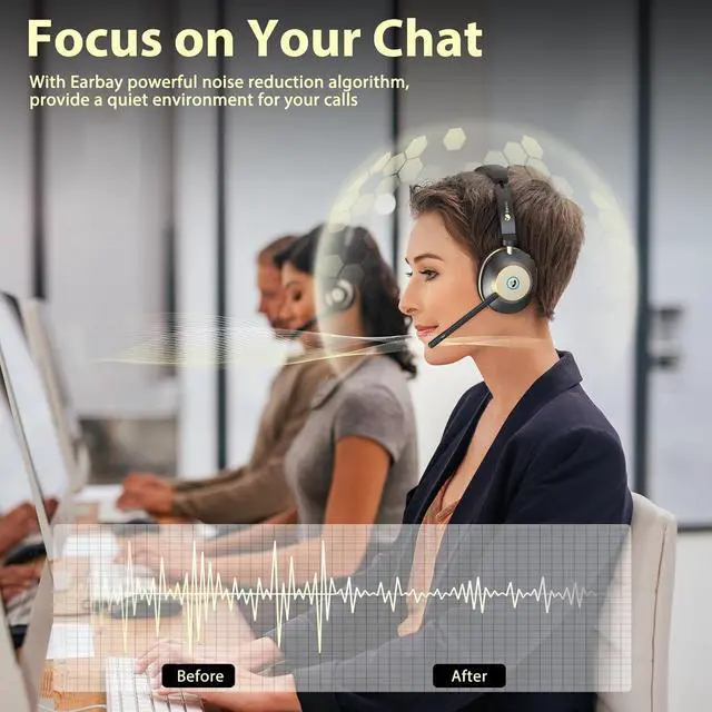 Alt view image 6 of 7 - Wireless Headset with Mic for Work, Bluetooth Headset V5.3, AI Noise Cancelling Mic & 2.4G USB Dongle, 50 Hrs Work Time Wireless Headphones with Mic Mute for Work from Home/Call Center/Teams